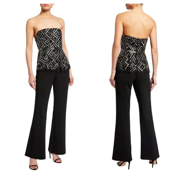 Aidan Mattox Strapless Beaded Peplum Jumpsuit w/ Crepe Flare Pant 2 Black NEW - Picture 1 of 7